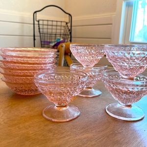 Jeannette Holiday pink glass bowls and sherbet bowls